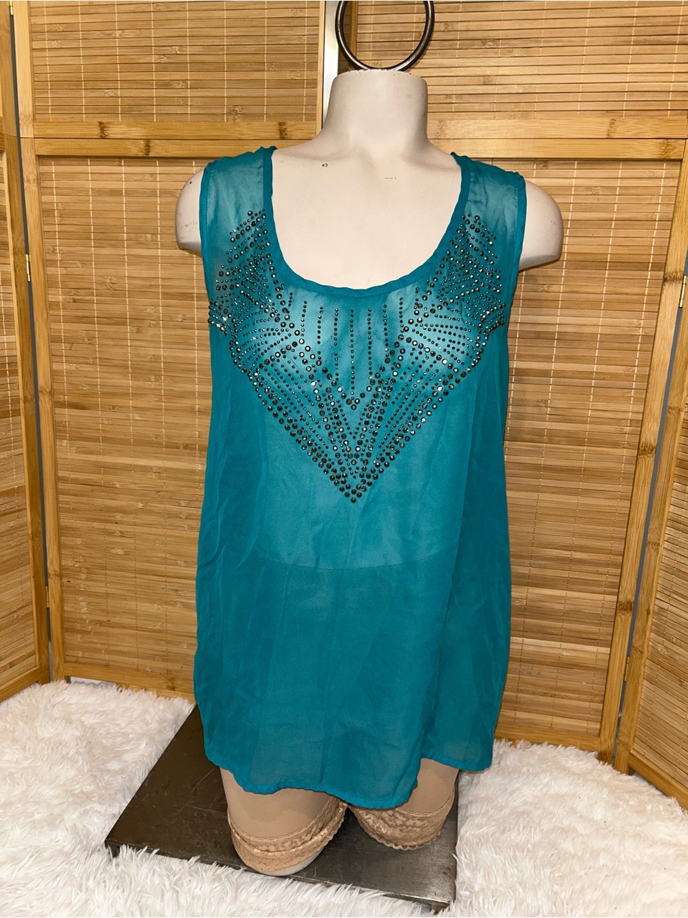 Dots teal sheer sleeveless blouse rhinestones Y2K Fairycore woman’s large